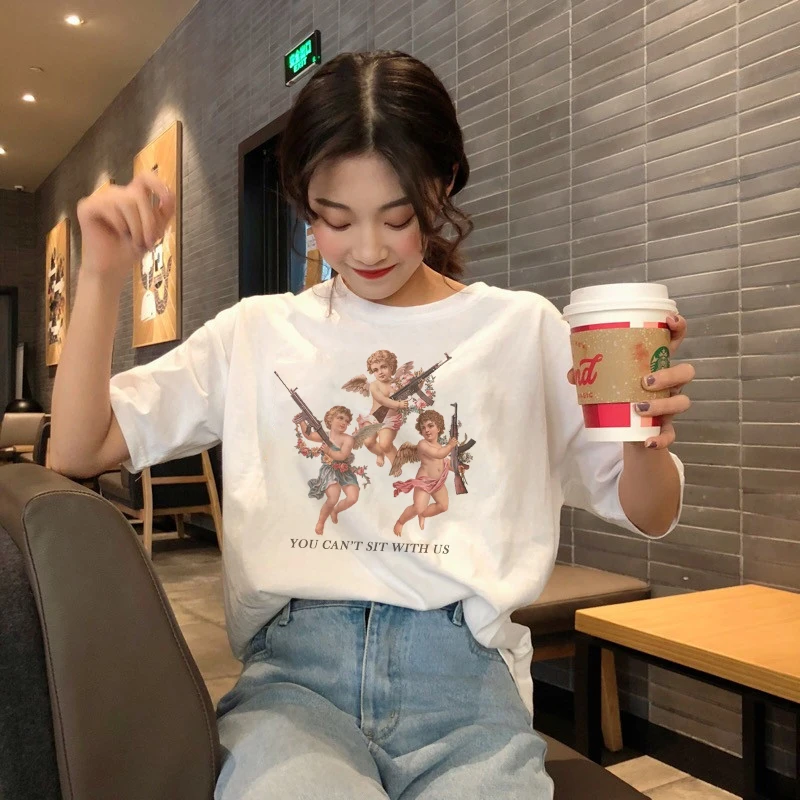 

Summer female short-sleeved letters angel cartoon print Roman casual large size S-2XL tops tees fashion Harajuku fun new T-shirt