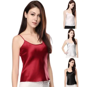 

Women Summer Sexy Faux Silk Strappy Tank Tops Sleeveless Solid Color Smooth Vest