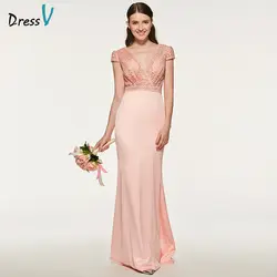 DressV розовый платье подружки невесты Рубашка с короткими рукавами V Средства ухода за кожей Шеи Кружево Пояса Ленты Русалка