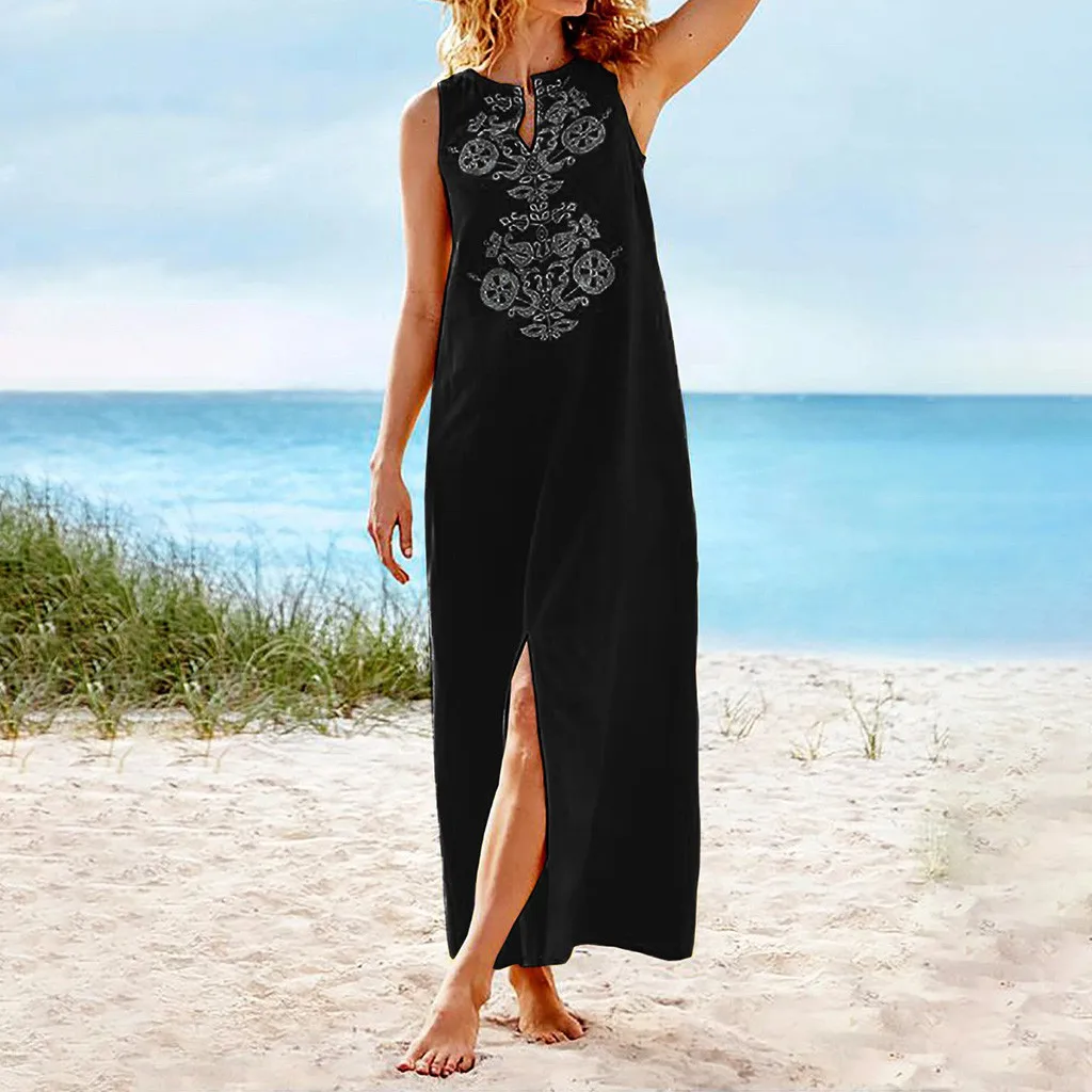 

Summer boho Dress Women V-neck Printing Sleeveless Beach Long Dress Fashion summer dresses 2019 beach dresses vestidos NEW