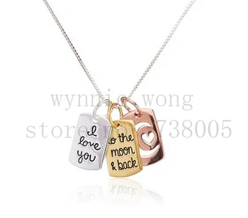 

2015 New Inspirational Tri Colored Silver Yellow, Rose Gold "I love you to the moon and back" Open Hearts Charm Pendant Necklace