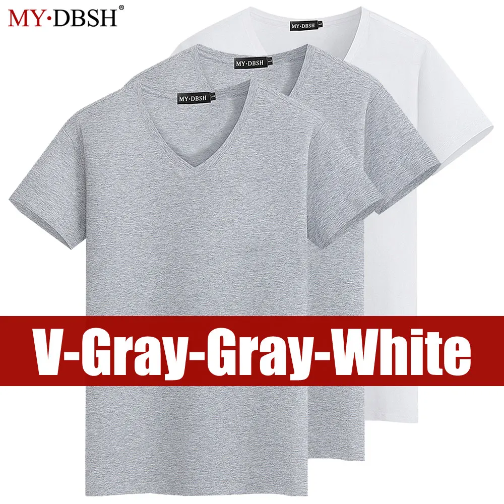 Большие скидки, 3 шт./лот, плюс размер, базовые топы, футболки, мужские летние футболки, хлопковые короткие Брендовые мужские футболки, однотонная простая одежда для мужчин - Цвет: V-Gray-Gray-White