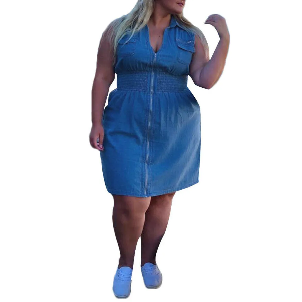 

Dress Women Blue 4XL 5XL Plus Size Dress Womens Summer Sleeveless Zip Up Casual Denim Dresses Mini Jeans Dresses sukienki12-3014