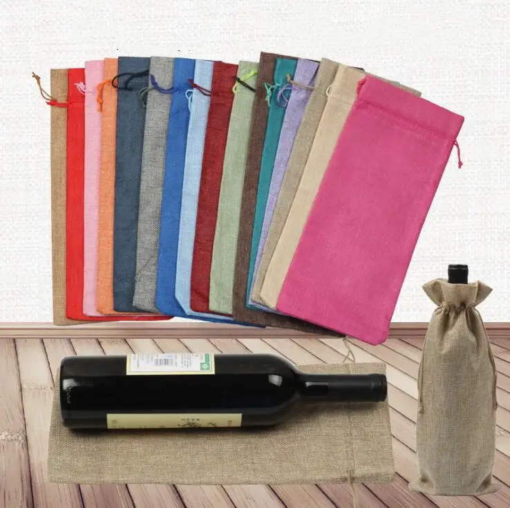 Jute Wine Bags Champagne Wine Bottle Covers Gift Pouch burlap Packaging bag Wedding Party Decoration Wine Bags Drawstring cover Jewelry Packaging
