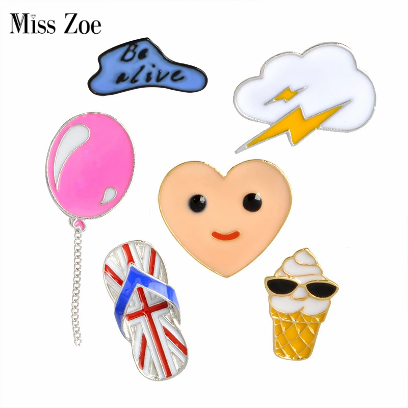 

Miss Zoe Be alive Flip Flop Ice Cream Balloon Lightning Brooch Button Pins Denim Jacket Pin Badge Cartoon Fashion Jewelry Gift