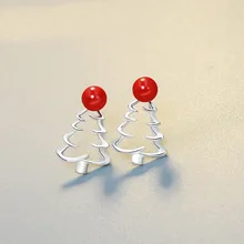 Серебряные Листья дерева серьги-гвоздики 925 Рождественская елка красные бусины Серьги для женщин ювелирные изделия подарок на день Святого Валентина