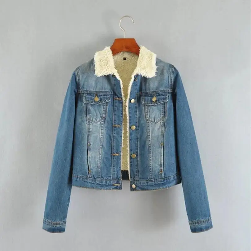 New Autumn Winter Thick Lambs Wool Denim font b Jacket b font Female Korean Slim Plus