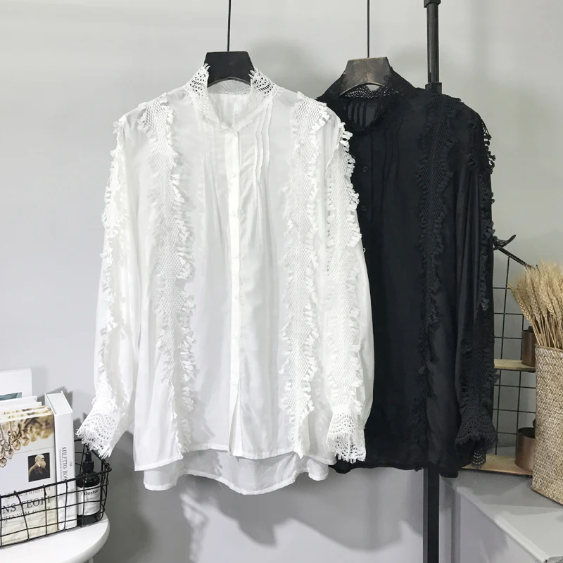 2019 New Korean Summer Long Sleeve Ladies Lace Blouses Elegant Black White Femme Blouse Top 2019 New Korean Summer Long Sleeve Ladies Lace Blouses Elegant Black White Femme Blouse Top