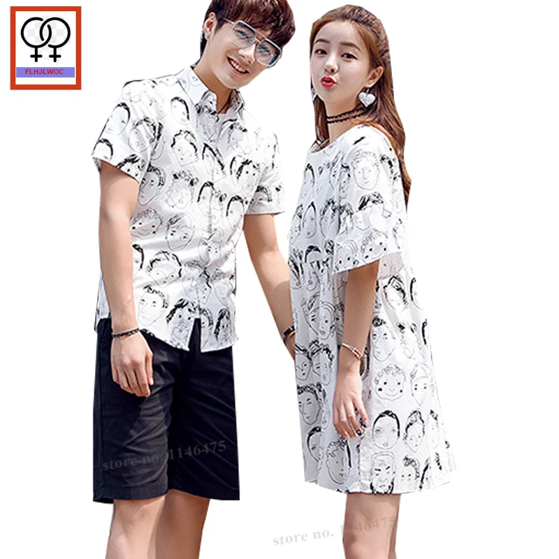 

Matching Couple Shirt Dress Holiday Summer Flare Sleeve Casual Printed Character Girls Doll Style Bow Tie Cute Tunic Mini Dress