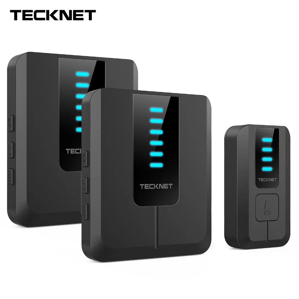 

TeckNet Wireless Doorbell Waterproof Wall Plug-in Cordless Door Chime 2 Push Bell 300M Range 52 Chimes 4-Level Volume Blue Light