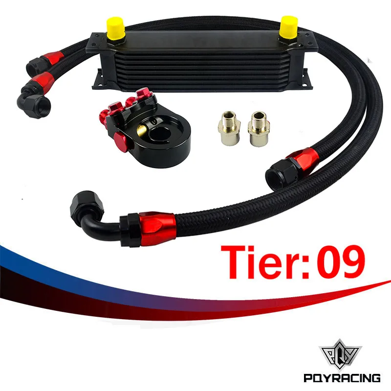 ФОТО PQY RACING- Universal 9 ROWS OIL COOLER ENGINE +AN10 oil Sandwich Plate Adapte with Thermostat +2PCS NYLON BRAIDED HOSE LINE