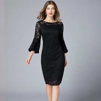 

2019 Dress Sexy Celebrity Lace Large size Dress SexyO NeckWomen Three Quarter Flare Sleeve Night Club Body con Dresses Wholesale