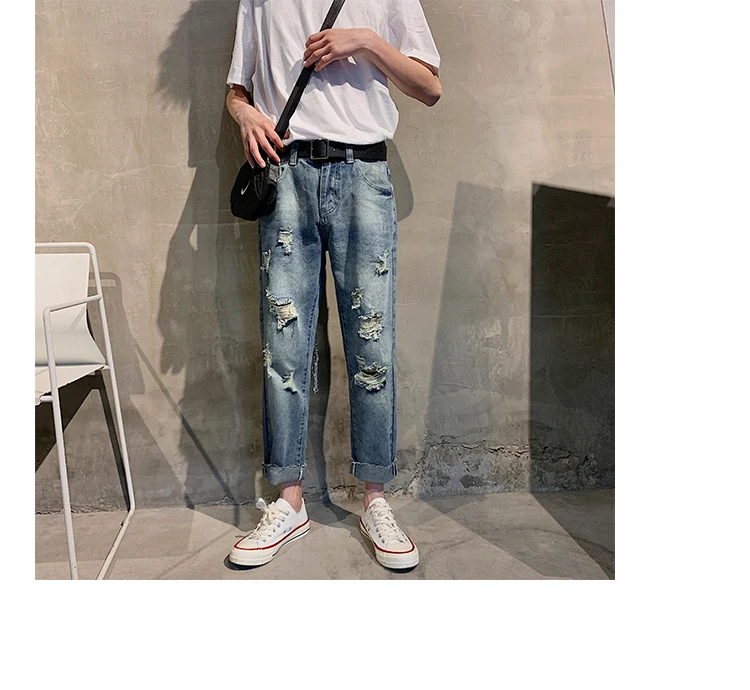 2018 Мужская мода отверстие Харен Повседневное прямые брюки Homme стрейчевый облегающий голубой цвет джинсы Байкер джинсовые брюки плюс