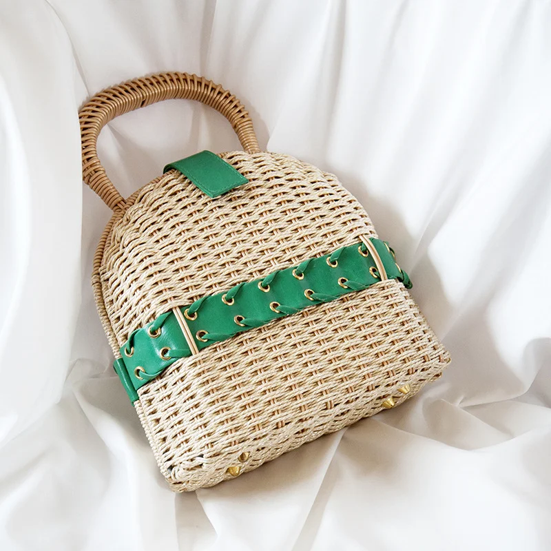 

Summer Handmade Mini Square Round Rattan Women's Hand Bag Straw with Rivet