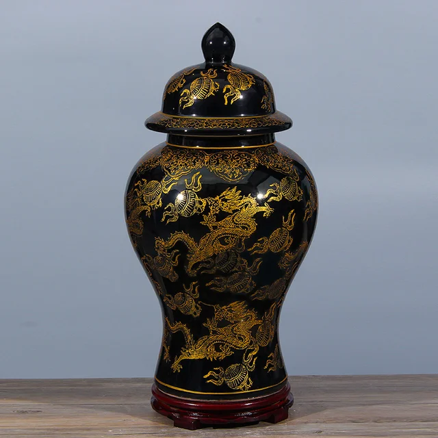 Tall large chinese ceramic porcelain vase black gold dragon ginger jar