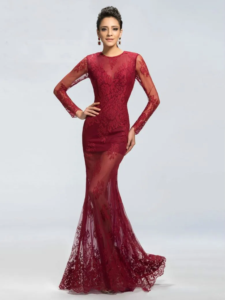 DAE3386 Charming New Burgundy Crew Evening Gowns Long Sleeve Lace Evening Dress Plus Size Formal Dresses Custom Made See Through