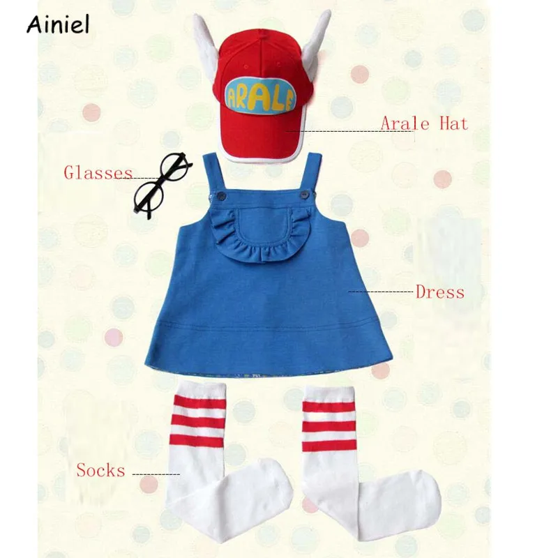 

Ainiel 5 Pieces 1 Set Anime Dr.Slump Arale Cosplay Costume Kids Dress Hat Glasses Socks T Shirt Halloween Costume for Kids Girls