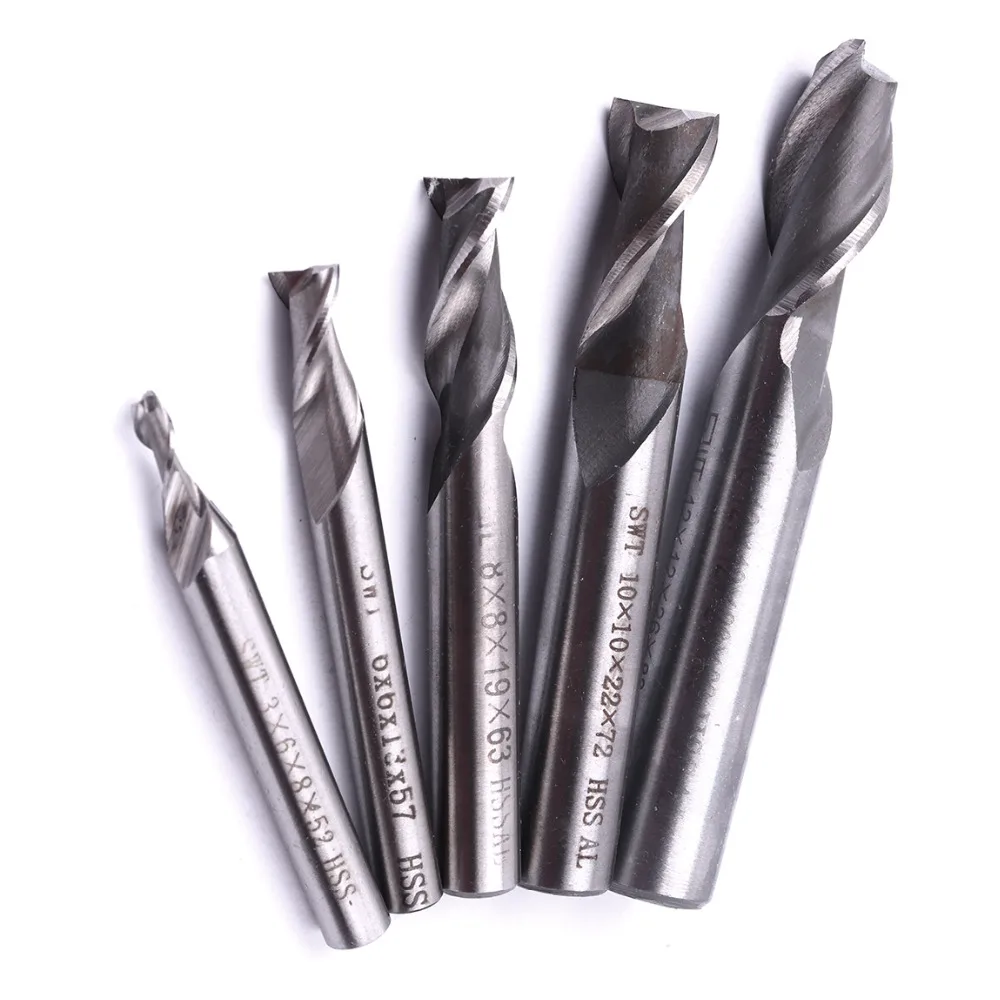 New 5Pcs/Set HSS AL High Speed Steel 2 Flutes Straight Shank End Mill