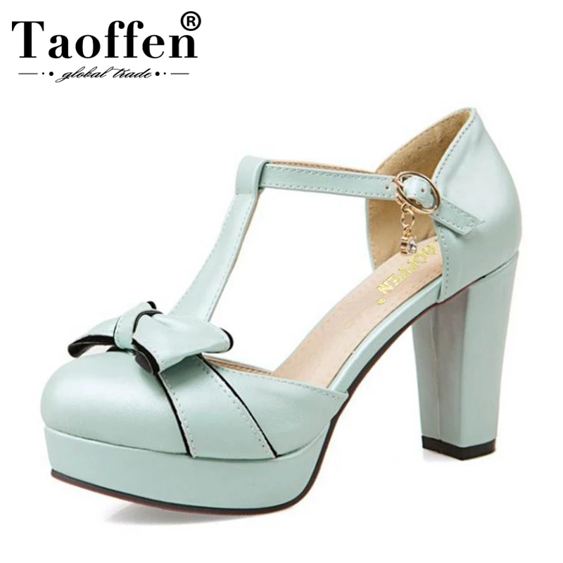 

TAOFFEN Size 32-43 Women Buckle Sandals Bowknot Round Toe High Heels Party Shoes Women T Strap Platform Sandalias Daily Footwear