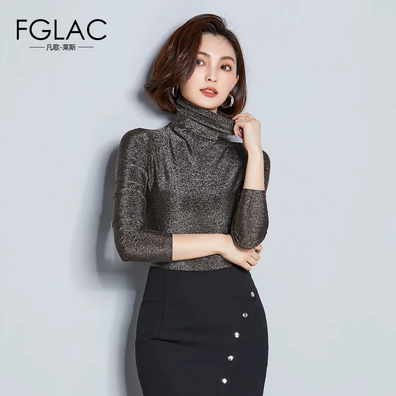 FGLAC Women t-shirts New Arrivals 2018 Autumn long sleeve Turtleneck Mesh tops Elegant Slim Solid color plus size women shirt