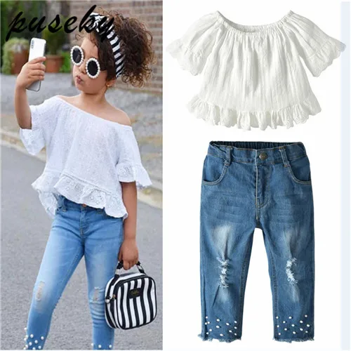 

Puseky 2pcs/set Children Summer Clothing Set Off Shoulder Frilled White T Shirt Tops & Jeans Pants Kid Girls Suit Outfits