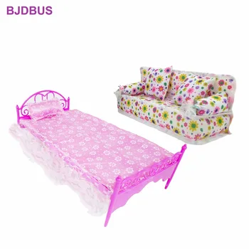 

2 Items = 1x Plastic Bed Sleeping Toy Pillow Bedroom Furniture + 1x Fashion Flower Cloth Sofa For Barbie Doll Accessories Gifts