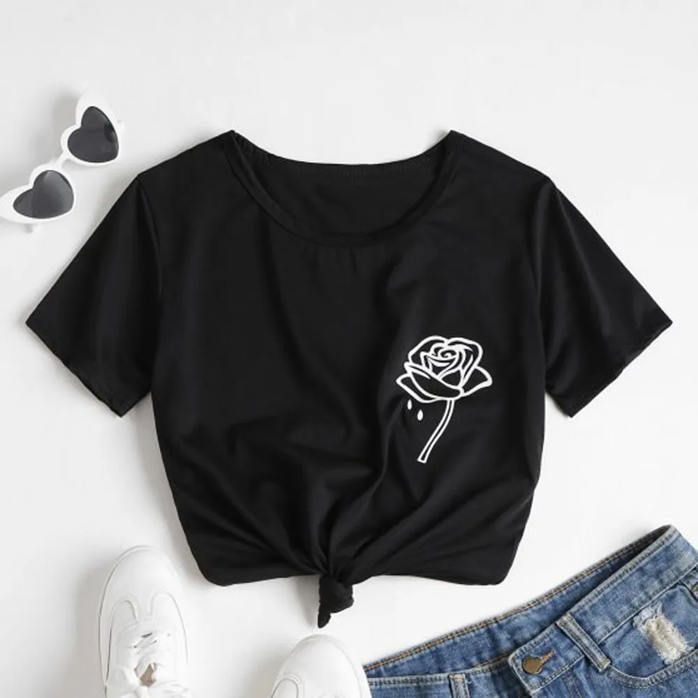 

sexy Rose Printing Short Top woman casual Round Neck black T Shirts Fit Tee summer vetement femme camisetas mujer 2019
