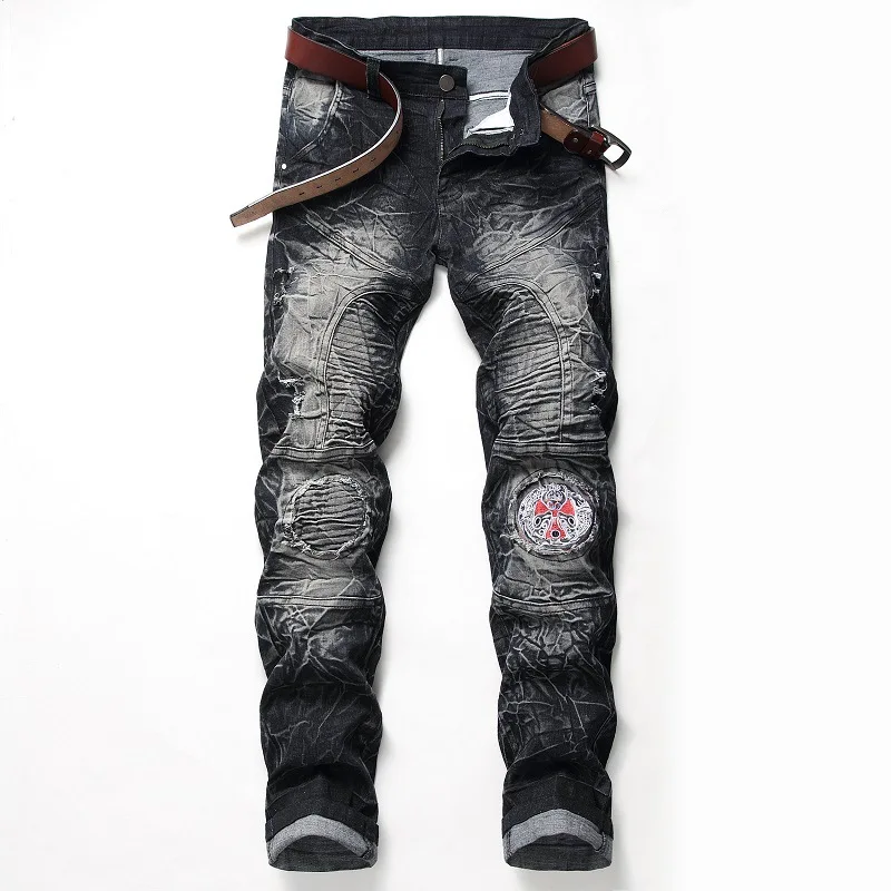 QAUNBO брендовая одежда мужские джинсы ностальгия мото Байкер мужские рваные джинсы облегающие прямые джинсовые дизайнерские рваные джинсы N820