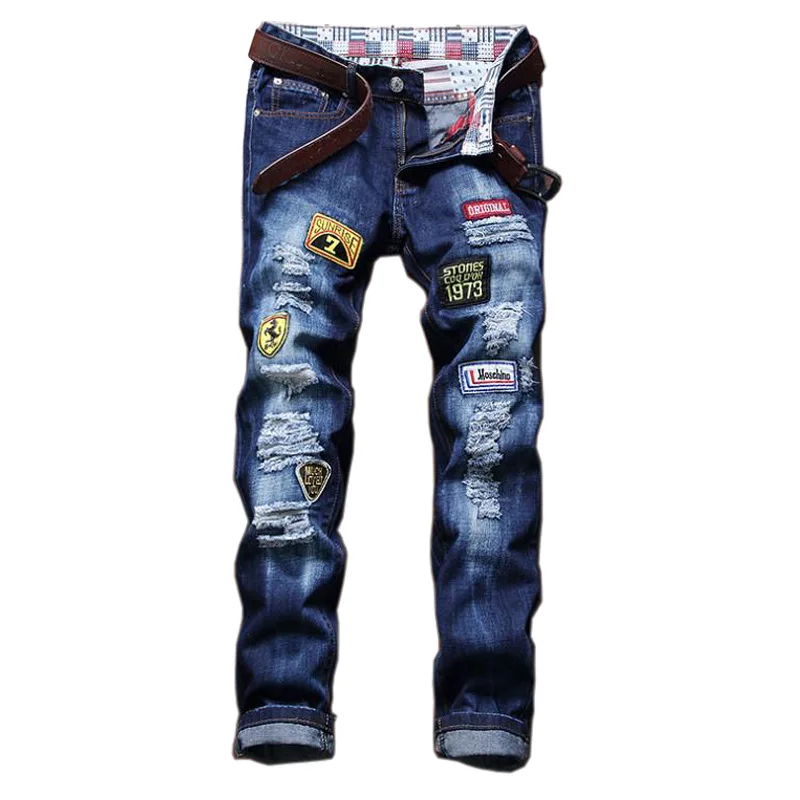 Men's hole patch ripped jeans Slim fit meth jean patchwork print denim