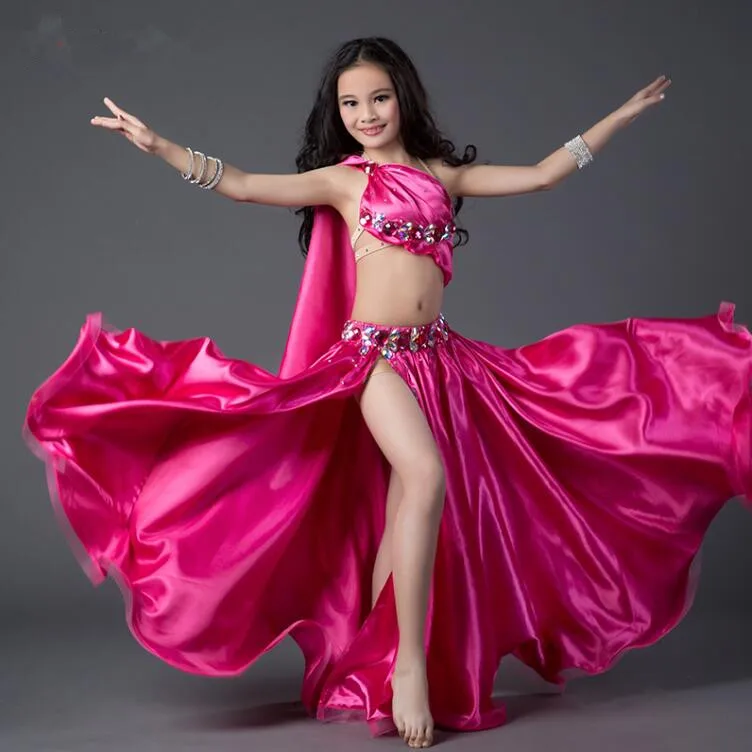 

Luxury Girl Performance Costume Bling Bling Rhinestone Decorated Children Belly Dance Suit 2 Piece (Bra+Long Skirt) Red Hot Pink