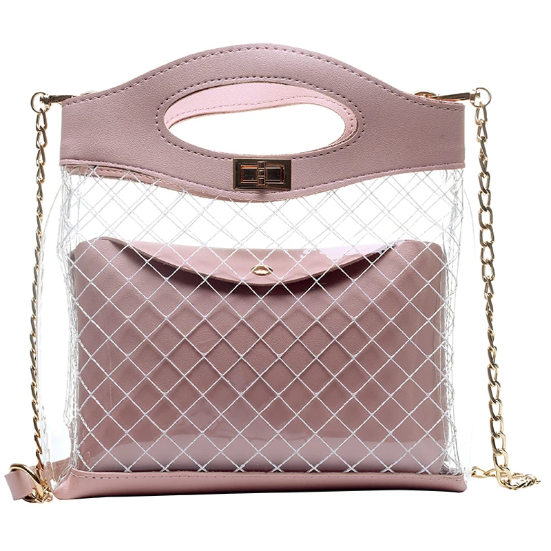 

Elegant Female Transparent Jelly Tote bag 2019 Summer New Quality Women's Designer Handbag Lattice Chain Shoulder Messenger bags