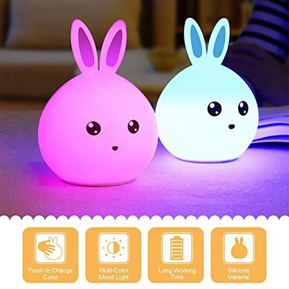 Rabbit Lamp Bunny LED Night Light Children's Nightlight Baby Sleeping Bedside Lamp USB Silicone Tap Control Touch Sensor Light