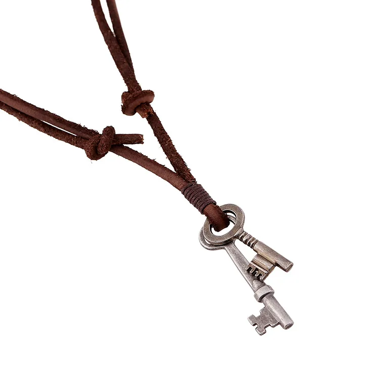2016 New Punk style leather necklace Men alloy Key Vintage necklaces