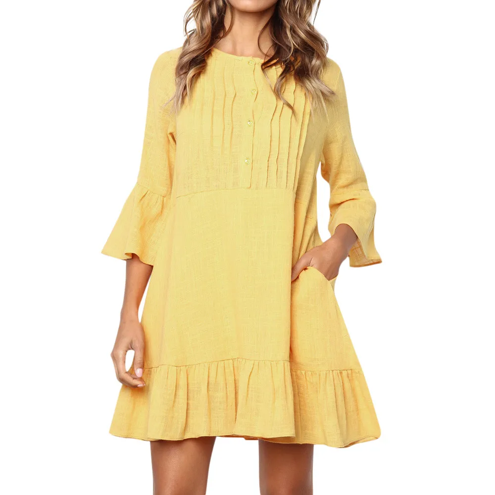 

KLV Fashion Summer Dress Women Button O Neck Boho Three Quarter Casual Mini Beachwear Dress Sundress For 2018