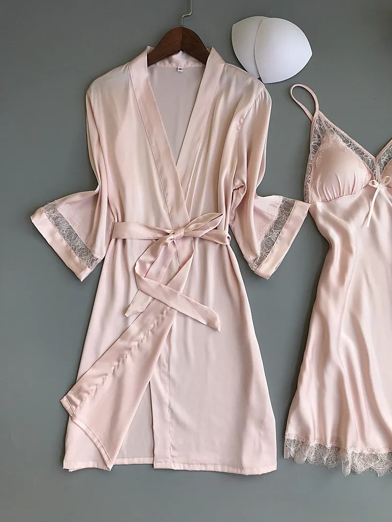 Queenral 2PCS Women Gown Sets Silk Satin Robe Nightgown Set Sleepwear Home Suit Night Sleep Plus Size M-XL Intimate Lingerie    5