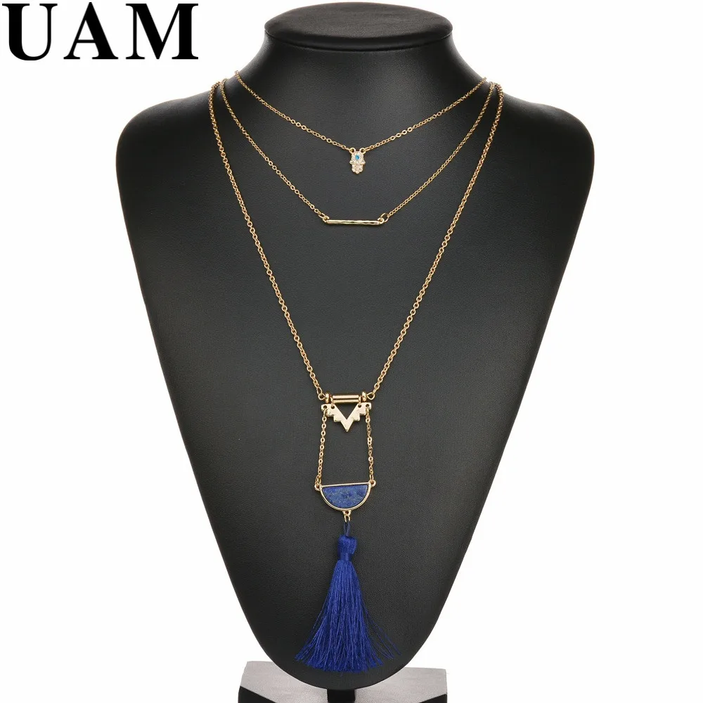 

UAM 3 Layers Gold Color Link Chain Navy Blue Tassel Pendant Necklace With Semicircle Stone Women Jewelry Summer Party Collier
