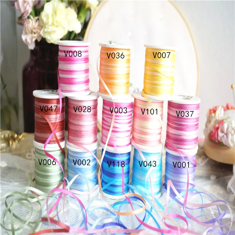 

2mmX20mts 13colors variegated ins style 100% pure silk embroidery ribbon thin taffeta high quality silk ribbon Handcraft