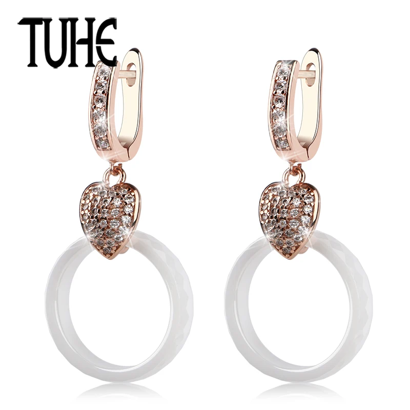 

New Unique Design Multiple Sections White Ceramic Circle Women Drop Earrings Heart Rose Gold Silver Rhinestone Fashion Jewelry
