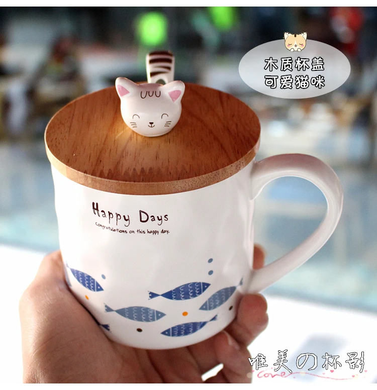 Кошка и рыба для кружка для молока на завтрак с крышкой стеклянная керамическая ложка для воды мультфильм