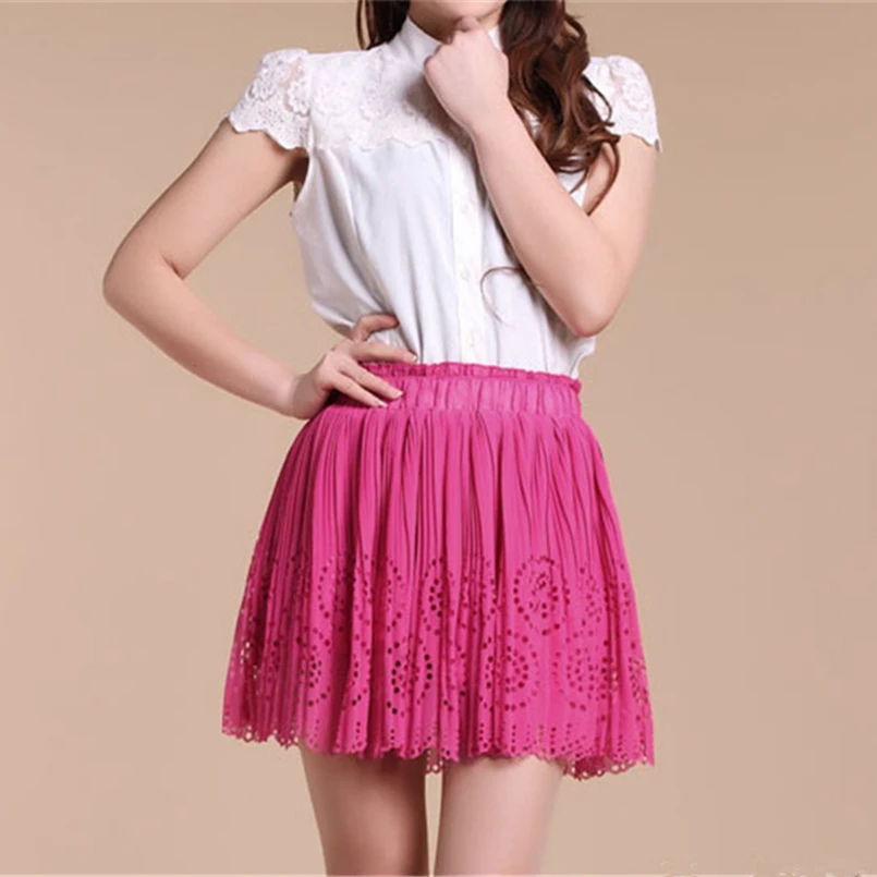 

Summer Ladies Hollow Out Pleated Chiffon Skirt Elastic Waist Mini Flower A Line Princess Skirt Red Pink Party Skirt Satin Lining