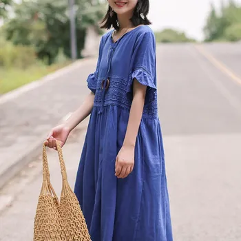 

2019 Vintage Women Solid Loose Casual Dress Lace Hollow Out Dress Batwing Sleeve Lace Up Patchwork Maxi Dress