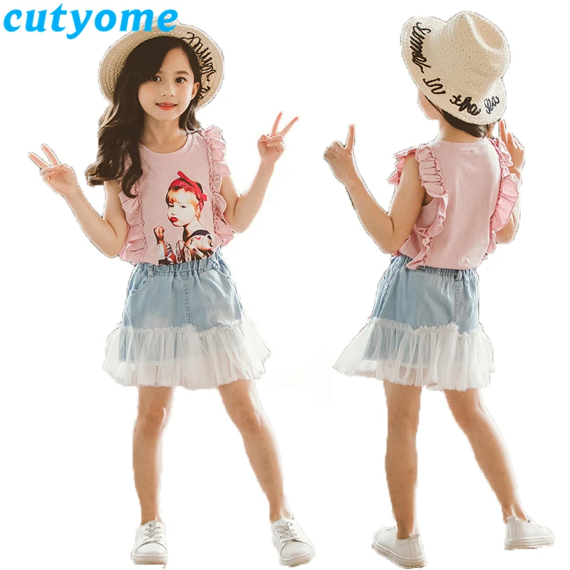 

Children Summer Clothing Set Teenage Girls Ruffles Printed Tees Top+Mesh Stitching Denim Skirt 2pcs Outfits Students Jeans Sets