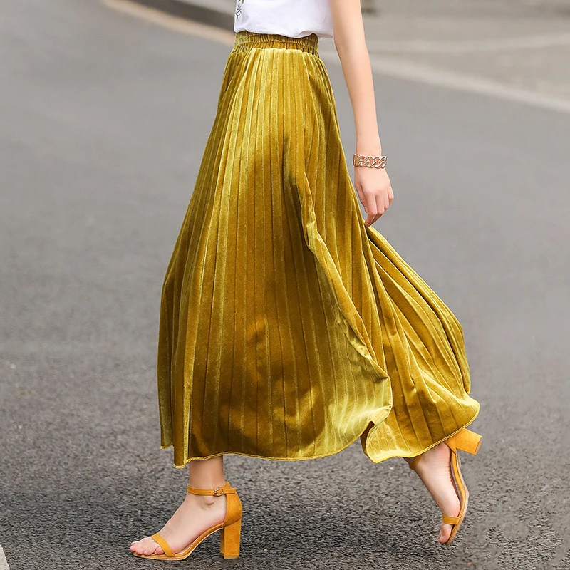 

Spring Summer Autumn Women Skirt Midi Skirt High Waist Metallic Pleated Skirt Party Club Ladies Saia Fenimias 17-45E