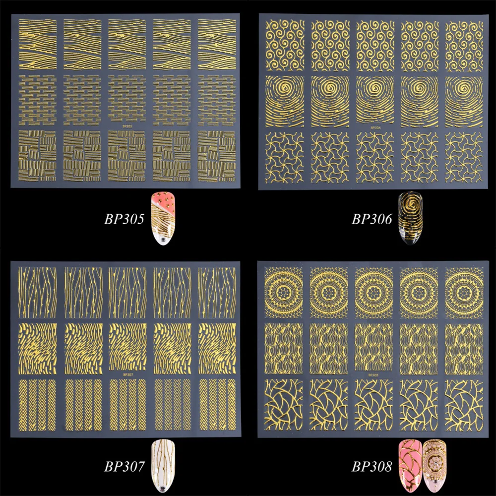 Золотой 3D клей для накладных ногтей, наклейки, Геометрические полосы, дизайн линии, фольга, Слайдеры для ногтей, декоративные наклейки, маникюр, TRBP301-316