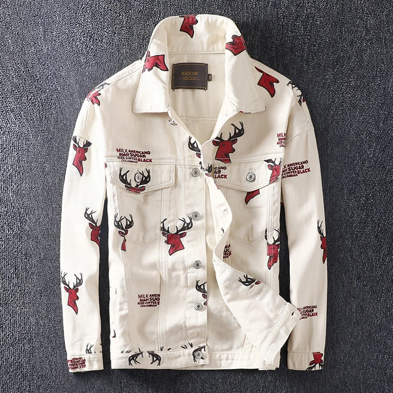 Spring Autumn Fashion Designer Men Jacket Beige Color Deer Printed Casual Denim Jacket Men Coats Streetwear Hip Hop Jacket Women