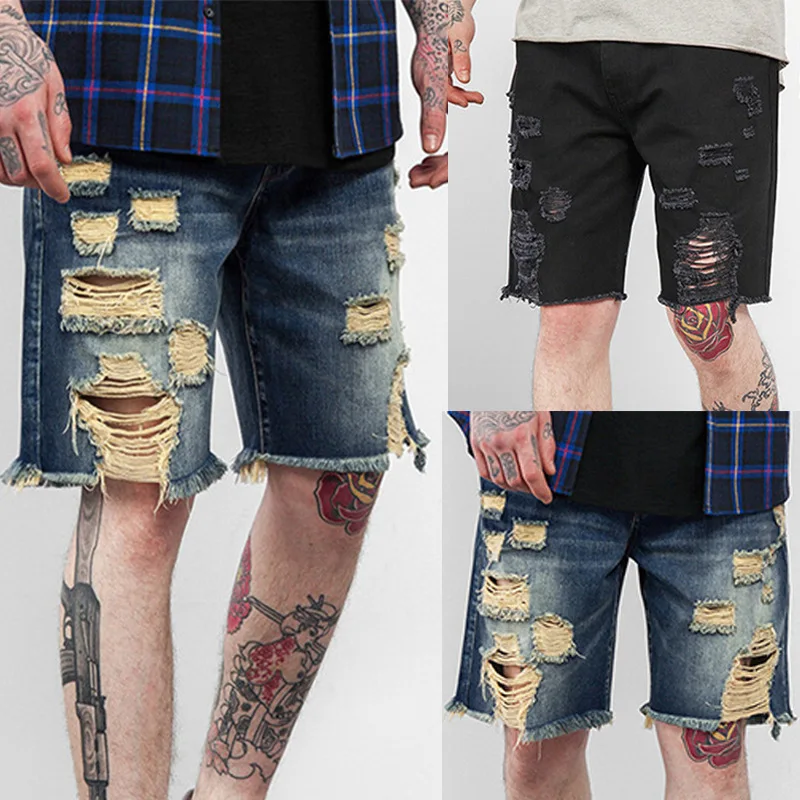 Модные мужские рваные короткие джинсы для отдыха синяя мужская одежда летние джинсовые шорты больших размеров Хип-хоп черные джинсовые шорты мужские 3xl-M
