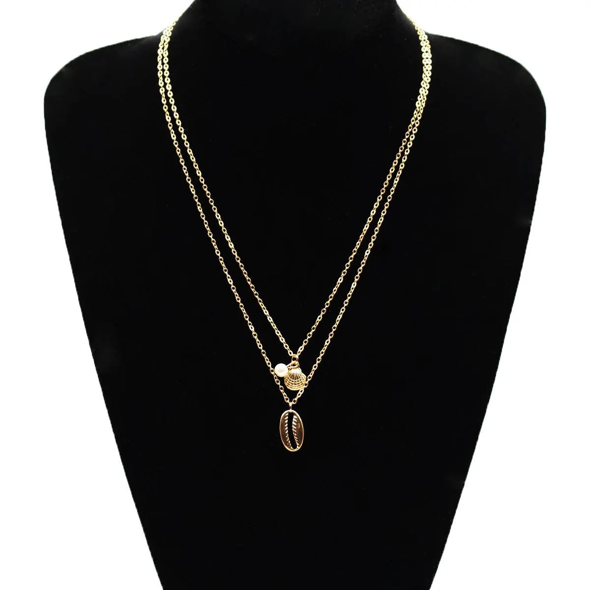 

Fashion Metal Shell Pearl Long Chain Necklace Pendants Double Layered Gold Silver Clavicle Statement Necklace