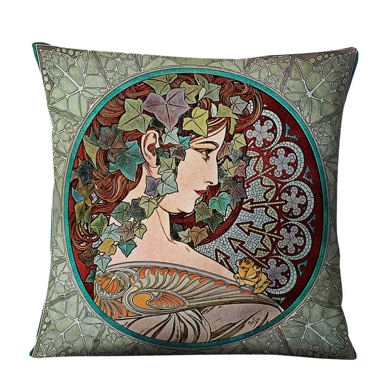 Винтажная Европейская художественная Nouveau Mucha галерея декоративная подушка для дивана чехол Красивая красавица для девочек Роскошная льняная подушка