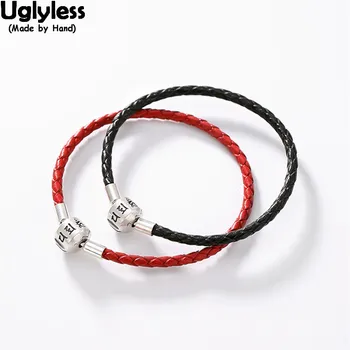 

Uglyless Real Solid 925 Sterling Silver Buddhism Six-Word Dora Beads Bracelets Unisex Knitted Black Leather Bracelet Thai Silver