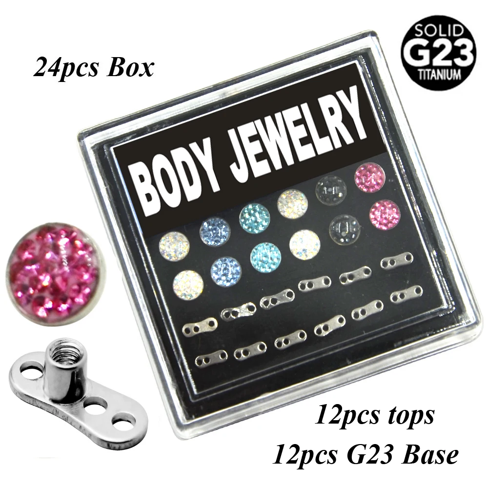 

24pcs/box G23 Titanium Ferido Crystal Epoxy Dermal Anchor Piercing Body Jewelry Top Head with 3 Holes Base